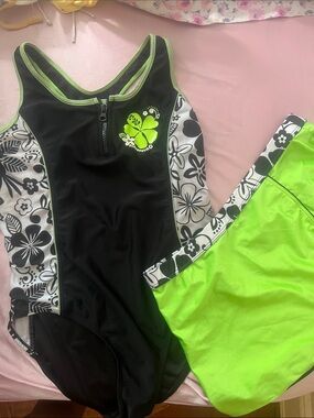 Girls' Black & Neon Green One-Piece Swimsuit with Floral Panels
